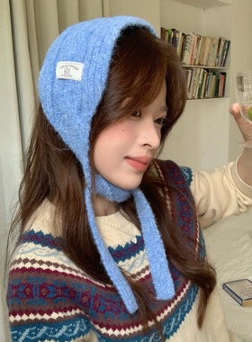 蓝色麻花纹针织耳罩女秋冬季韩系
