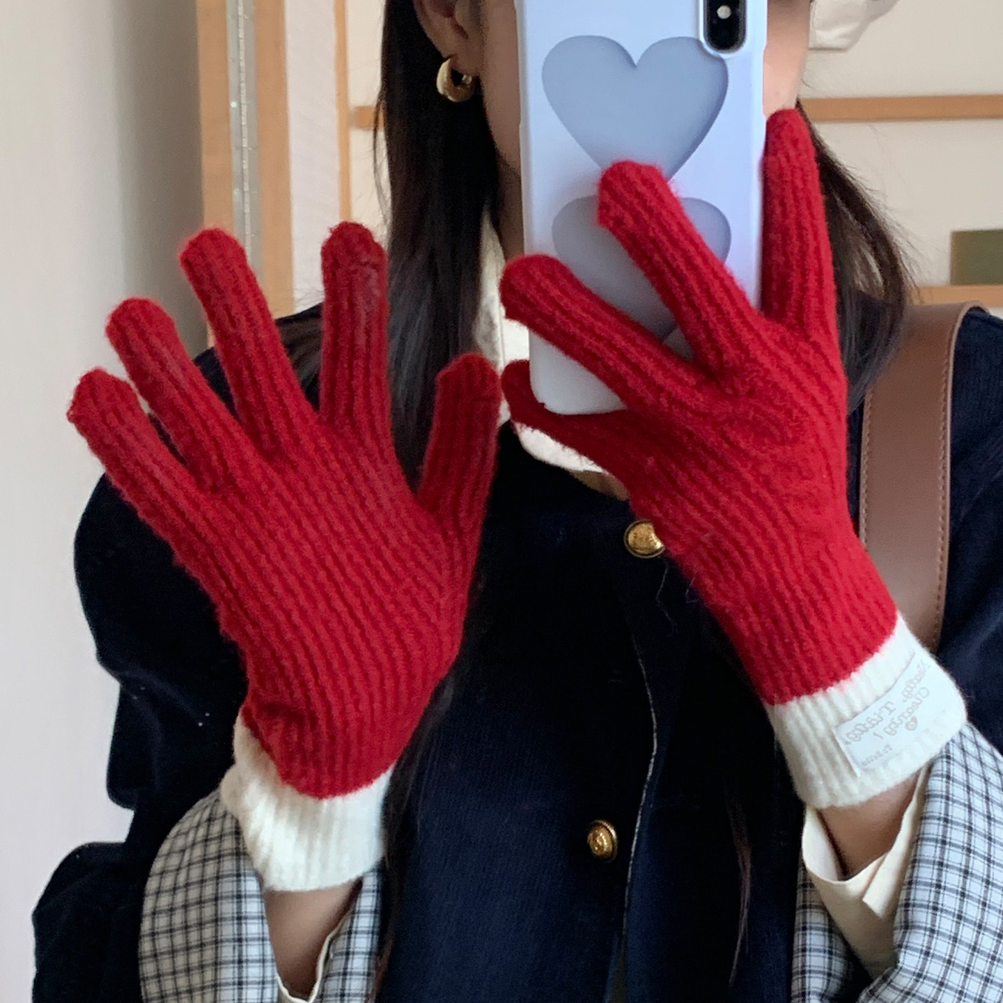 韩系拼色五指针织手套女秋冬季