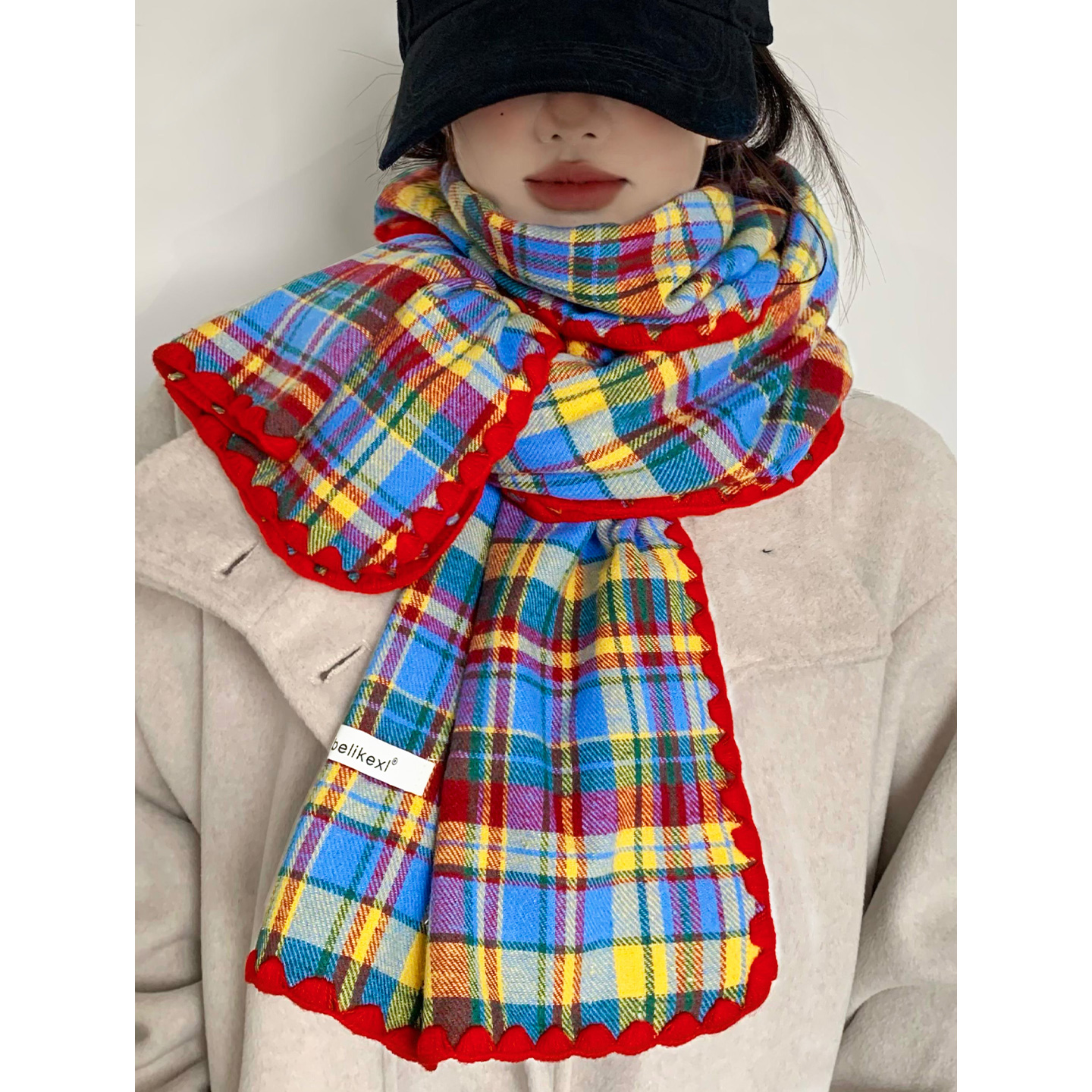 糖果彩色格子锁边针织围巾女秋冬韩系氛围感保暖防寒护颈围脖情侣