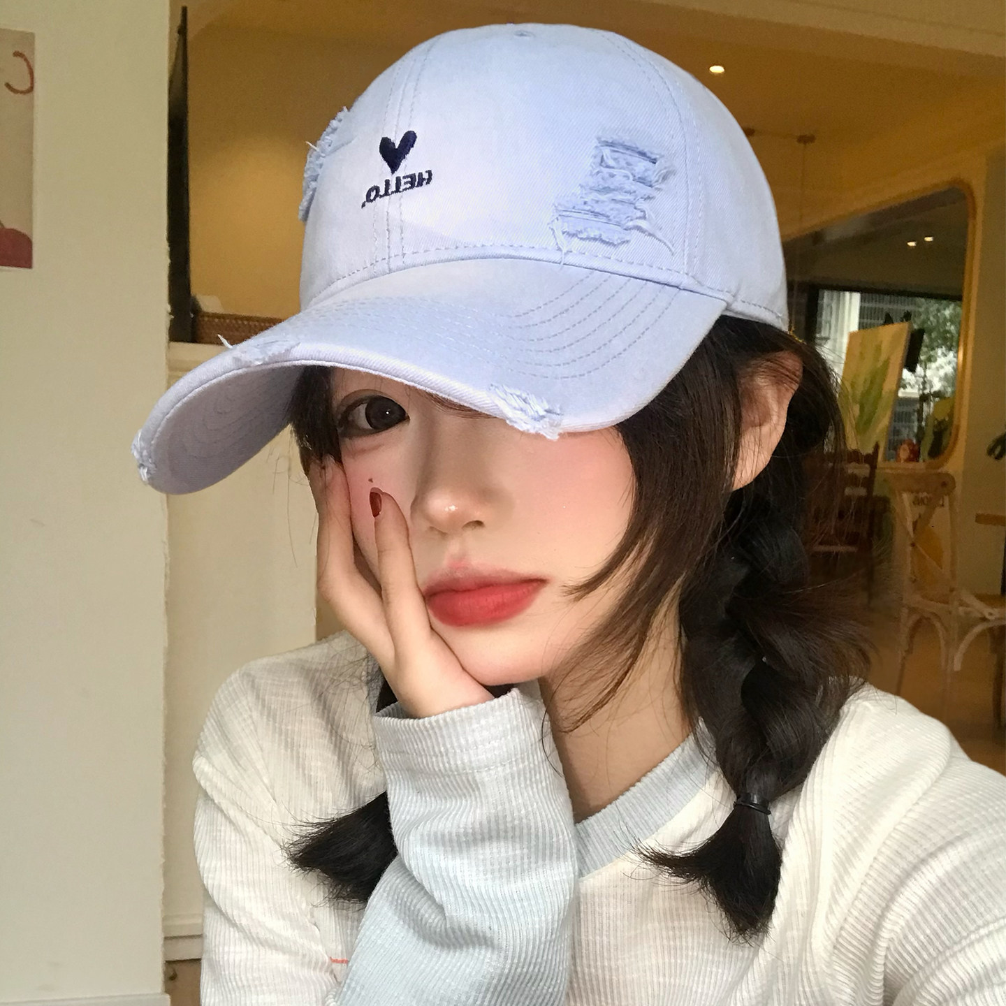 韩系ins旧破洞蓝色棒球帽女宽帽图片