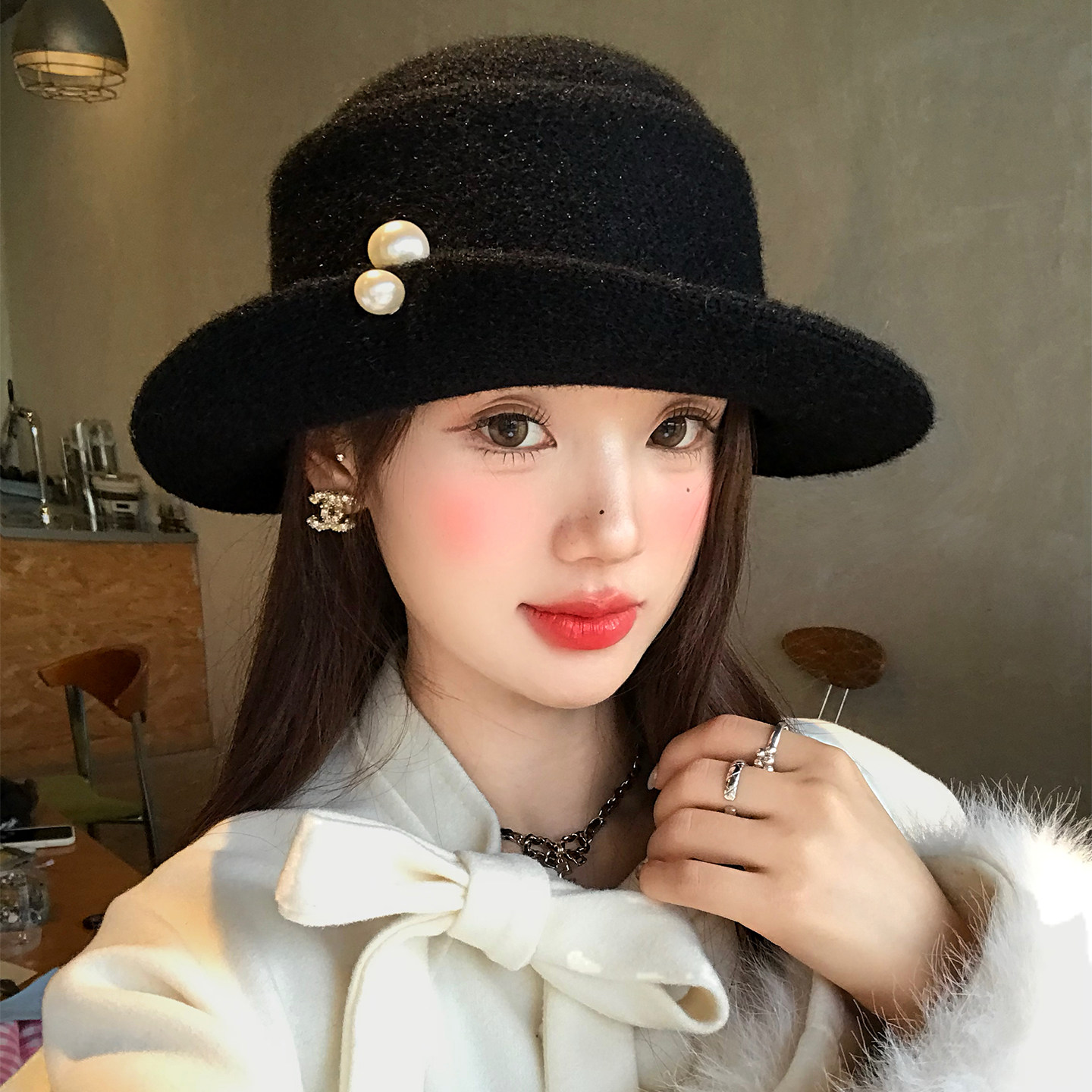 法式千金风珍珠毛呢礼帽女秋冬季优雅气质显脸小盆帽卷边渔夫帽子