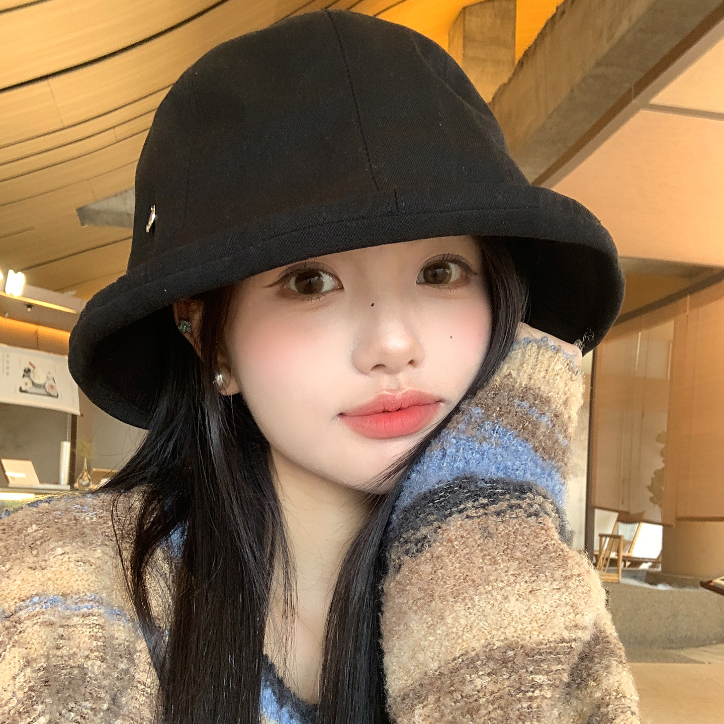 韩版黑色简约亚麻渔夫帽女秋季户外百搭盆帽大头围显脸小水桶帽子