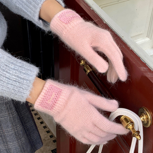 兔毛五指针织手套女秋冬韩系加厚保暖防寒防冻可触屏五指分指骑行