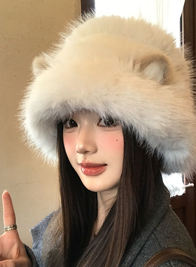 大头围可爱猫咪耳朵渔夫帽女冬2025新款加厚防寒保暖毛绒帽子盆帽