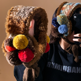 骑行保暖防寒防冻护耳套耳捂子 美拉德复古彩色绑带毛绒耳罩女冬季