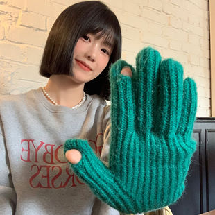 针织毛线可爱手套女冬季 绿色保暖可触屏露手指头分指骑车防寒ins