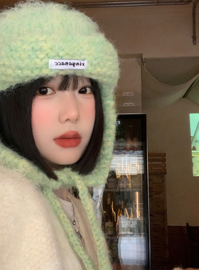 绿色针织护耳帽女2026新款秋冬