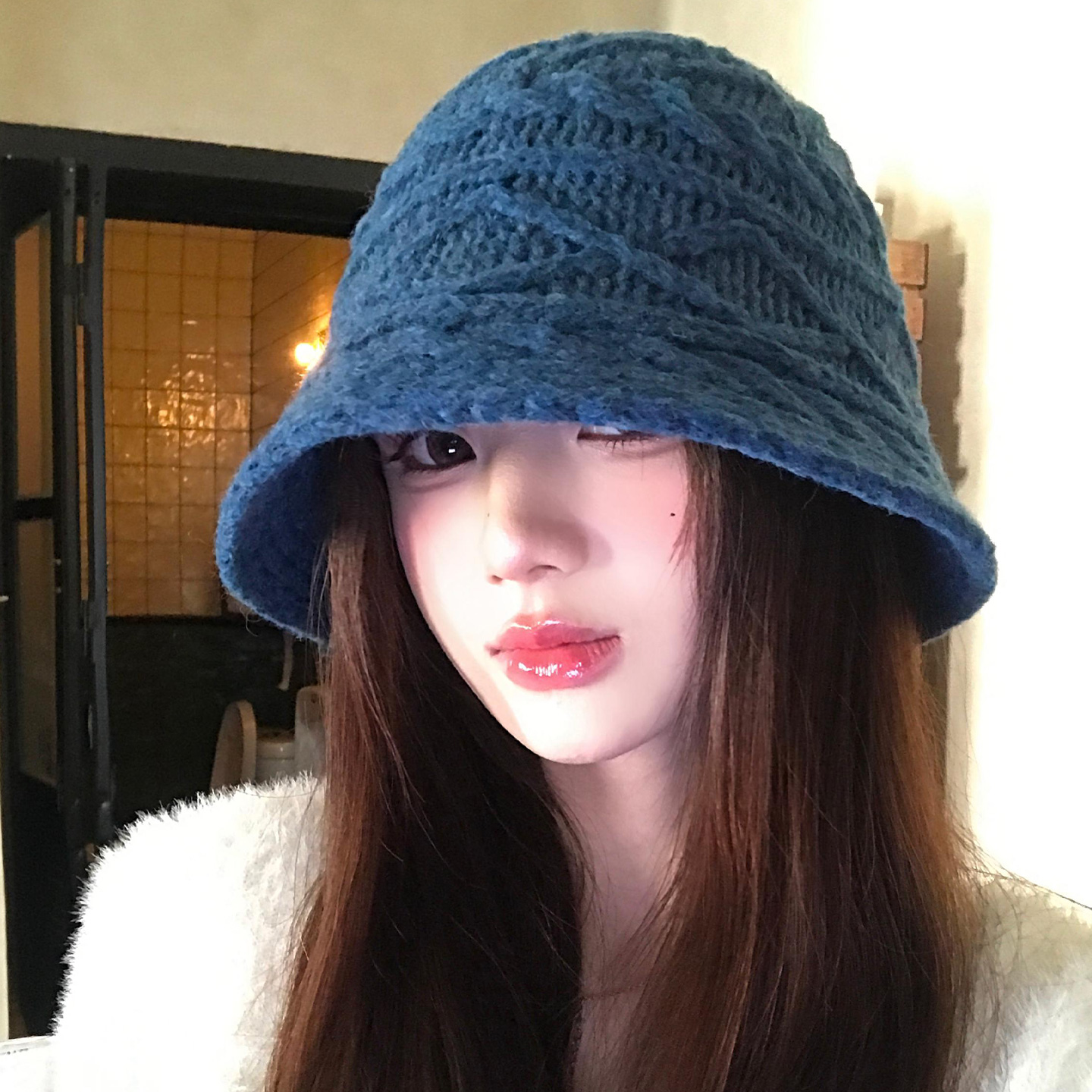 日系大头围蓝色针织渔夫帽女秋冬