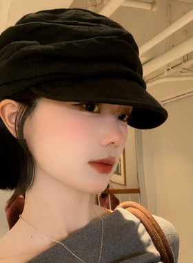 日系复古褶皱棉麻黑色贝雷帽女士高级感时尚大头围显脸小报童帽子