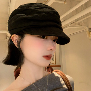 大头围显脸小报童帽子 日系复古褶皱棉麻黑色贝雷帽女士高级感时尚