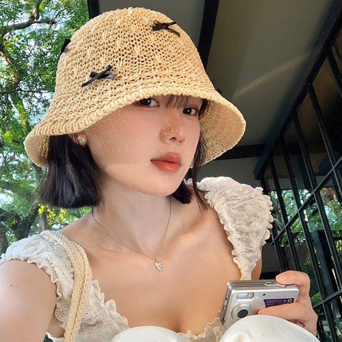 甜美蝴蝶结手工编织渔夫帽子女夏