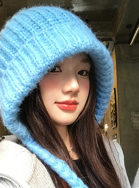 韩版蓝色巴拉克拉法帽女秋冬加厚保暖毛线帽大头围护耳针织帽子潮