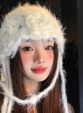 手工钩花白色花朵针织帽子女冬季