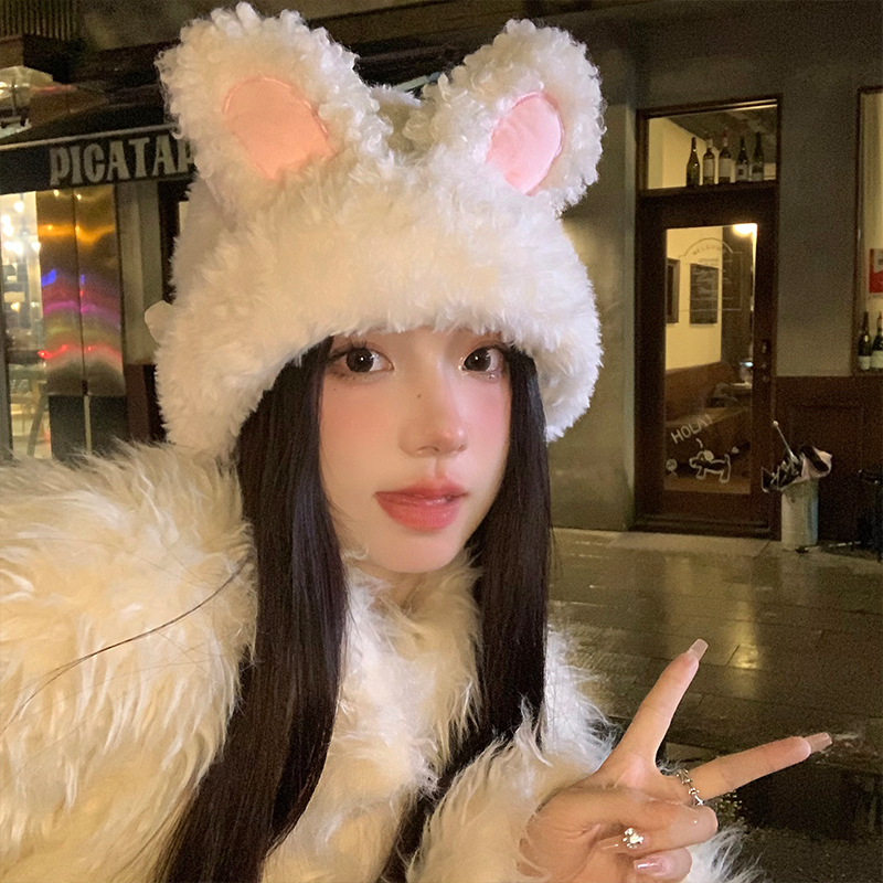 甜美可爱兔耳朵保暖毛绒帽显脸小