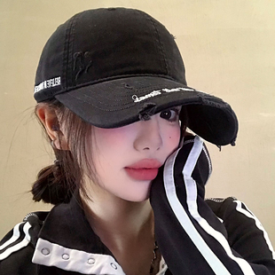 韩版 鸭舌帽子 字母刺绣做旧破洞棒球帽女宽帽檐深顶大头围大脸新款