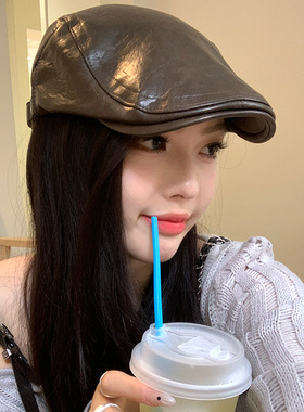 美式复古PU皮质反戴前进帽女夏季百搭辣妹个性小众显脸小贝雷帽子