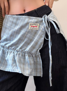 2026新款韩系蓝色格纹屁帘女叠穿高级感配牛仔裤遮屁腰饰半身裙子