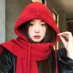 红色巴拉克拉法帽女冬季 保暖毛线帽子围巾一体针织包头帽 2026新款