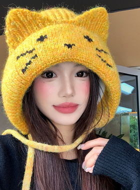 黄色可爱猫耳朵系带针织帽女冬季