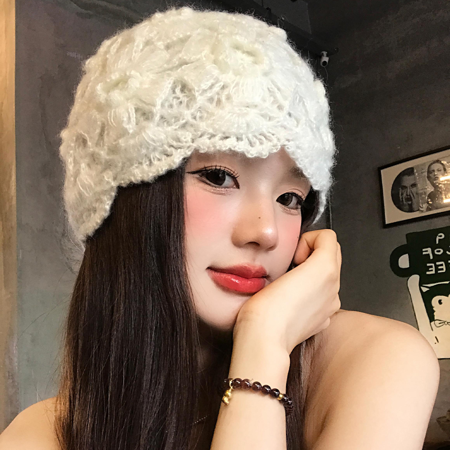 手工编织蕾丝镂空花朵包头帽女