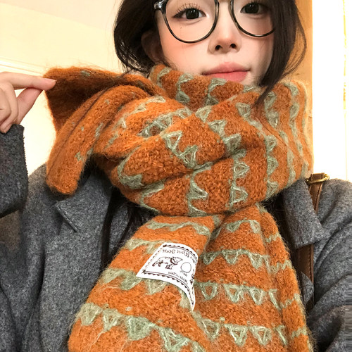 含羊毛南瓜色条纹针织毛线围巾女
