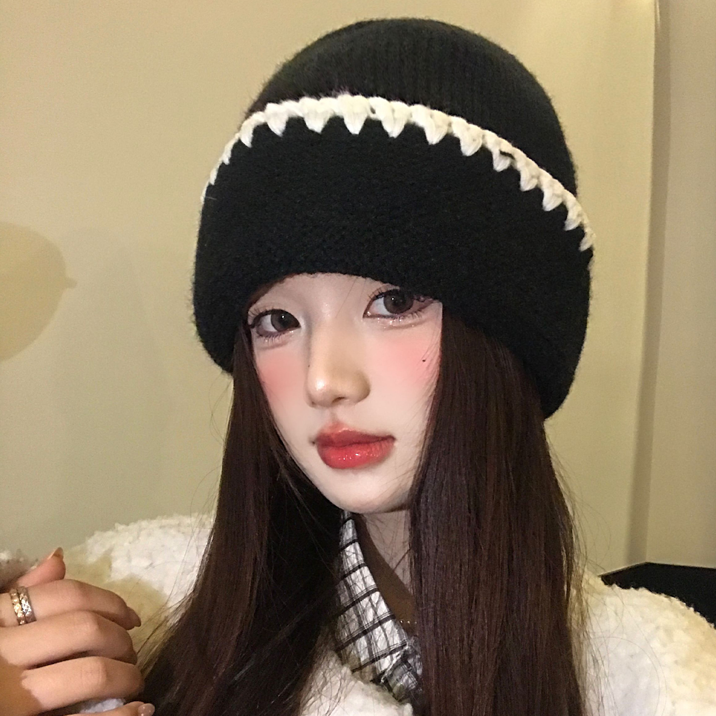 韩版简约学院风拼接撞色针织帽女