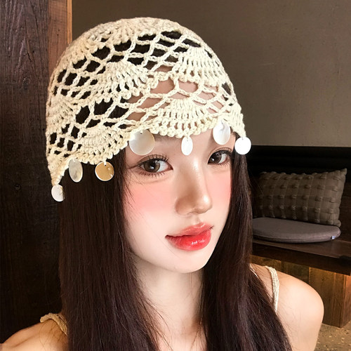 手工编织贝壳流苏镂空包头帽女夏