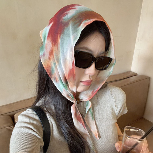 复古晕染串珠丝巾女夏薄款三角巾