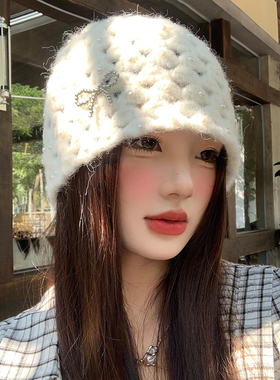 白色蝴蝶结珍珠镂空针织帽女秋冬