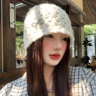 白色蝴蝶结珍珠镂空针织帽女秋冬季保暖显脸小冷帽大头围毛线帽子