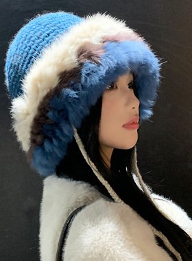 复古显白蓝色兔毛帽子女2025年冬季显脸小毛绒渔夫帽保暖拼色盆帽