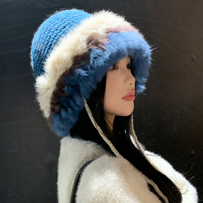 复古显白蓝色兔毛帽子女2025年冬