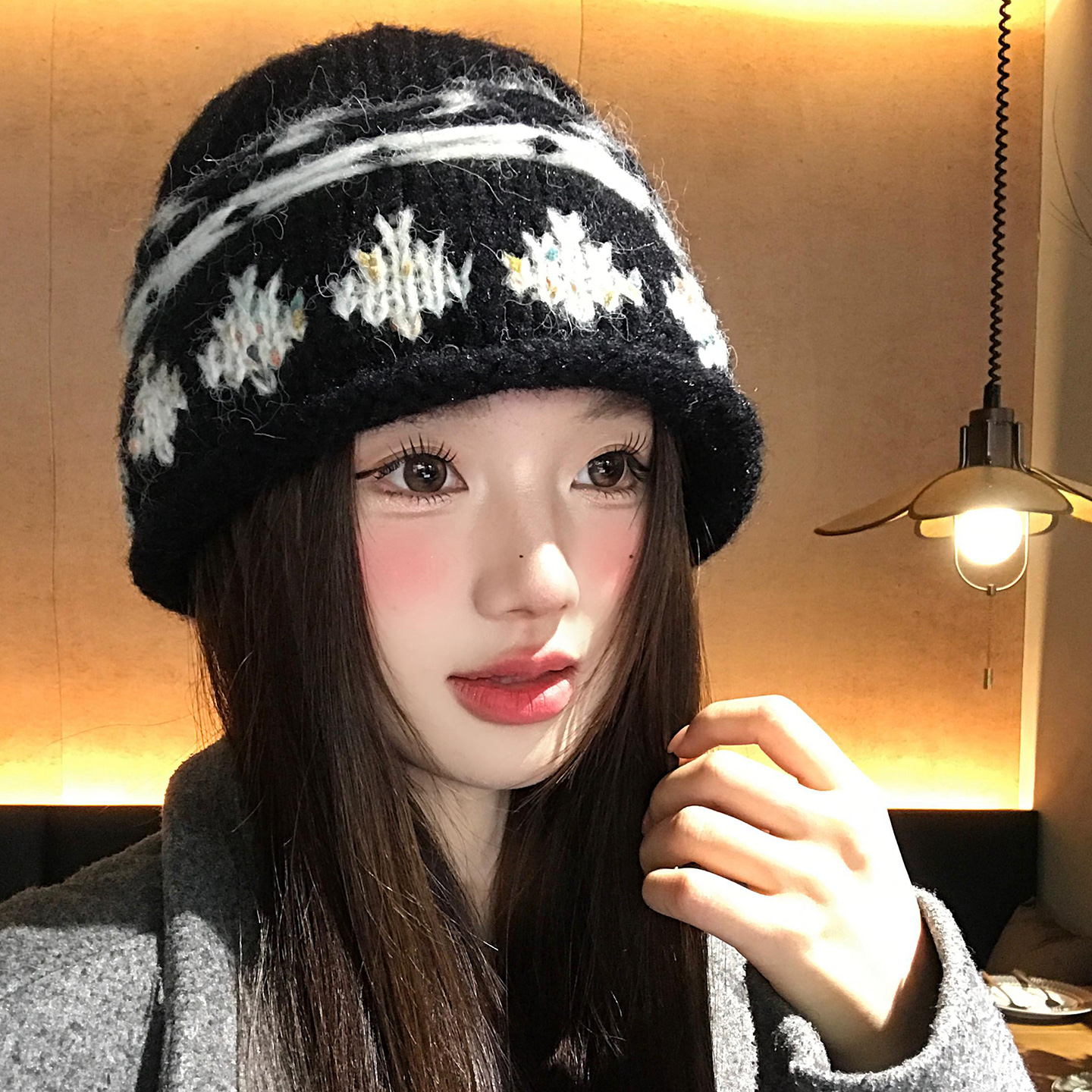 费尔岛复古卷边提花针织毛线帽女冬保暖显脸小包头帽子大头围冷帽