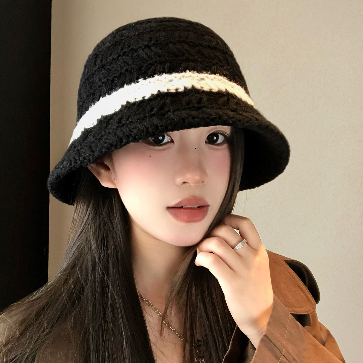 撞色针织渔夫帽女款秋冬季保暖图片