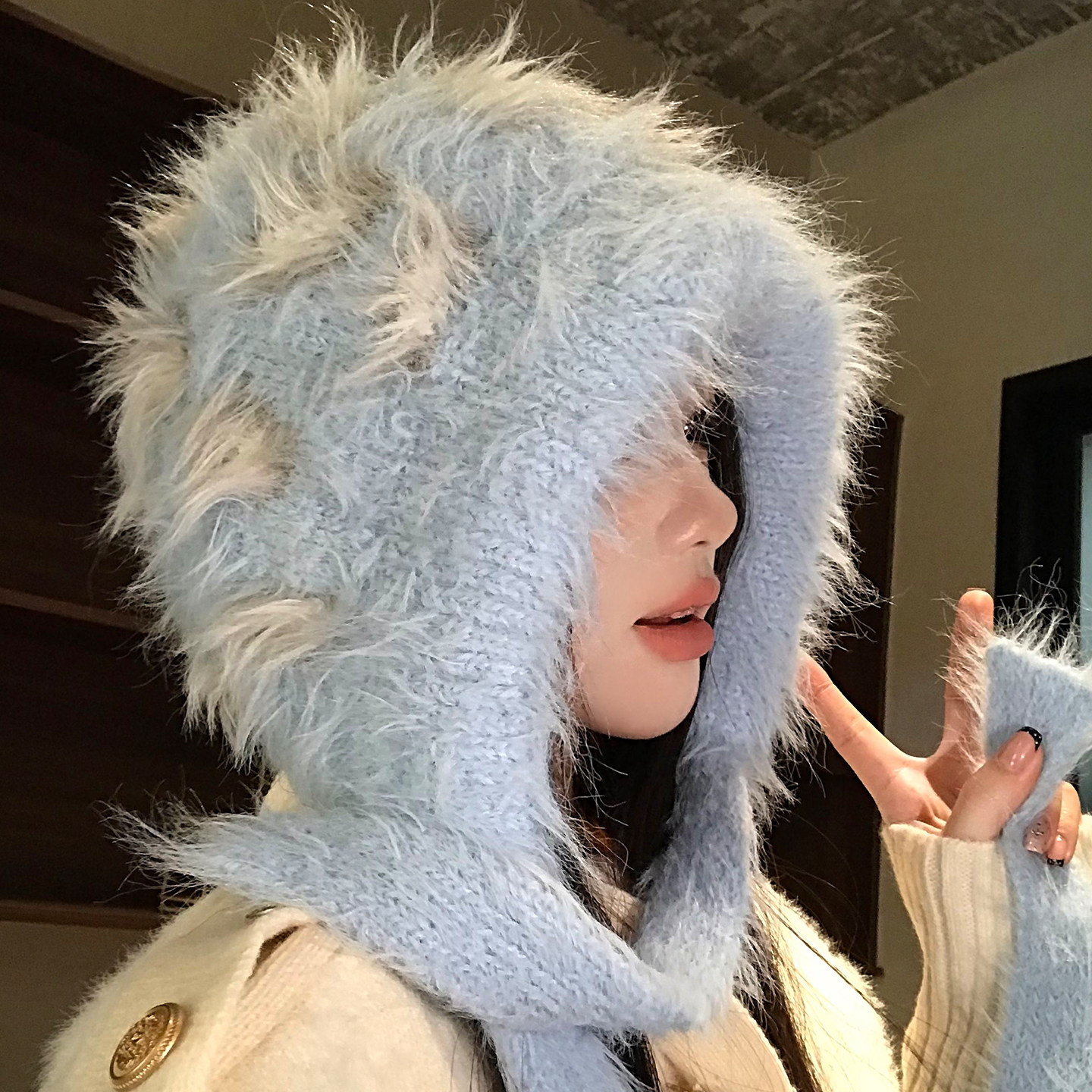 蓝色毛绒豹纹可爱针织护耳帽女生冬季加厚保暖防寒显脸小毛线帽子