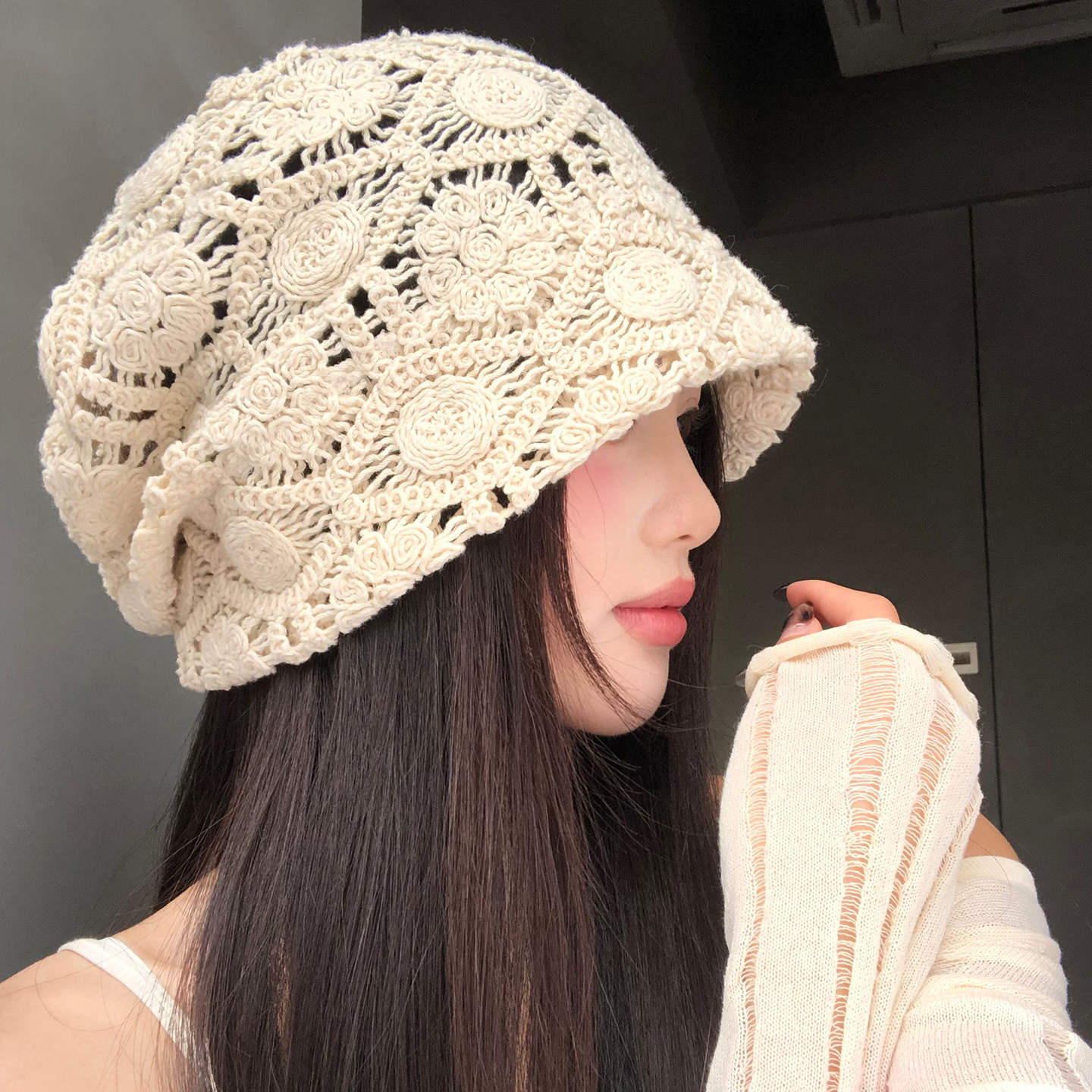 手工钩针镂空花朵堆堆帽女夏季图片