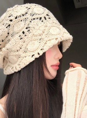 手工钩针镂空花朵堆堆帽女夏季