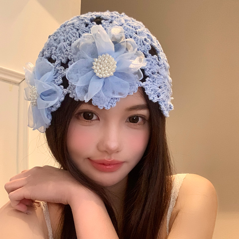 立体珍珠花朵针织帽子女春夏小众