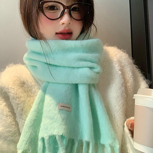 薄荷绿氛围感针织围巾女2025新款秋冬季保暖学生护颈加厚防寒围脖