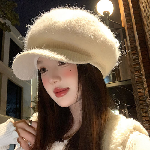 仿兔毛白色毛绒针织贝雷帽女秋冬