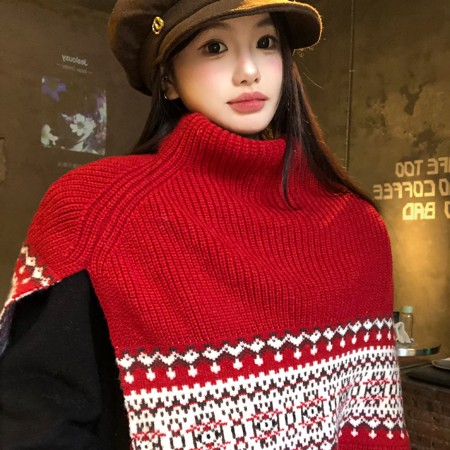 费尔岛红色针织高领围巾披肩女