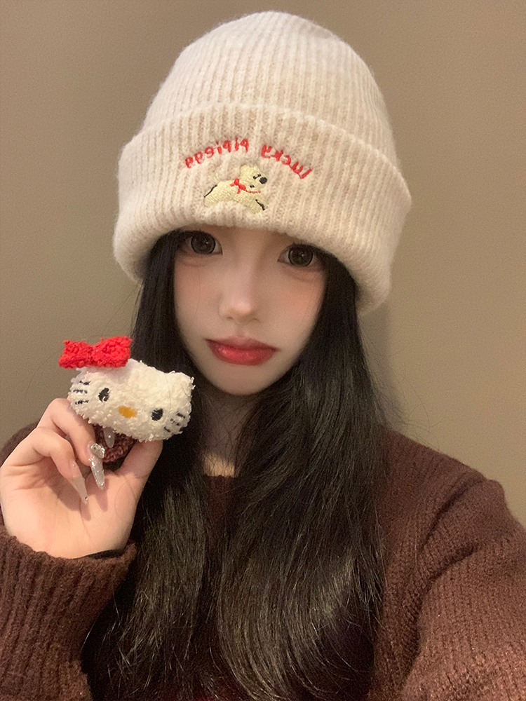 Cute Puppy Embroidered Knitted Wool Hat for Women, 2025 New Autumn and Winter Style, Makes Face Look Smaller, Versatile, Large Head Circumference Hat