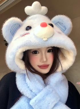 可爱蓝色松鼠耳朵会动毛绒帽子