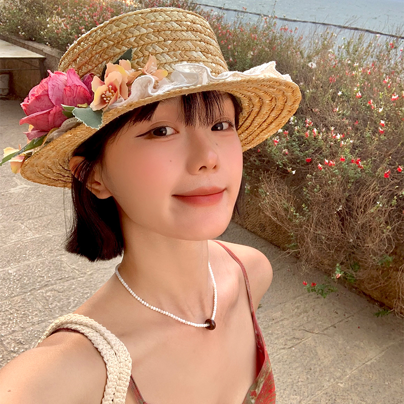 田园风蕾丝花朵麦秆平顶草帽女夏