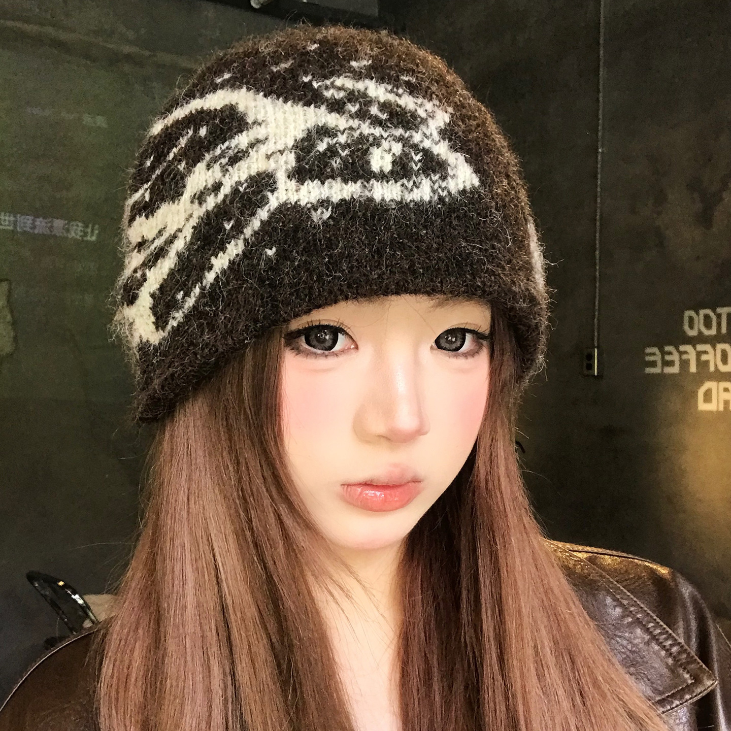 美拉德咖色提花复古针织毛线帽女