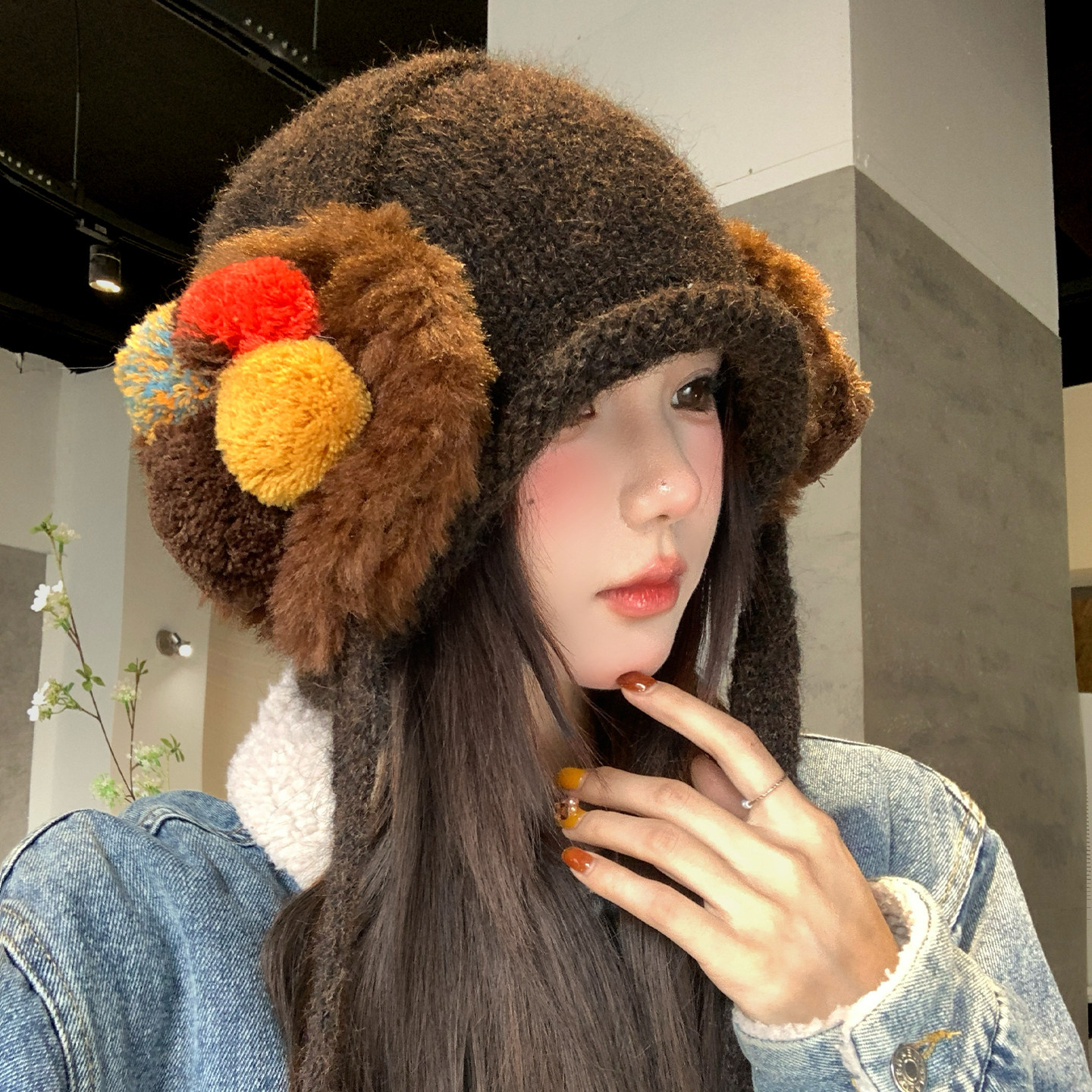 复古彩色毛绒球耳罩绑带针织帽女秋冬保暖防寒护耳毛线帽子显脸小