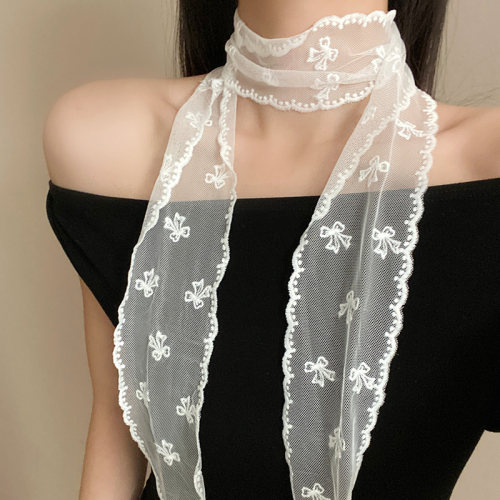 韩系蝴蝶结刺绣蕾丝长条丝巾女