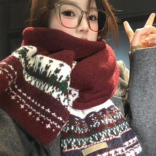 费尔岛风提花针织围巾女秋冬季 保暖防寒学生情侣护颈围脖 2025新款