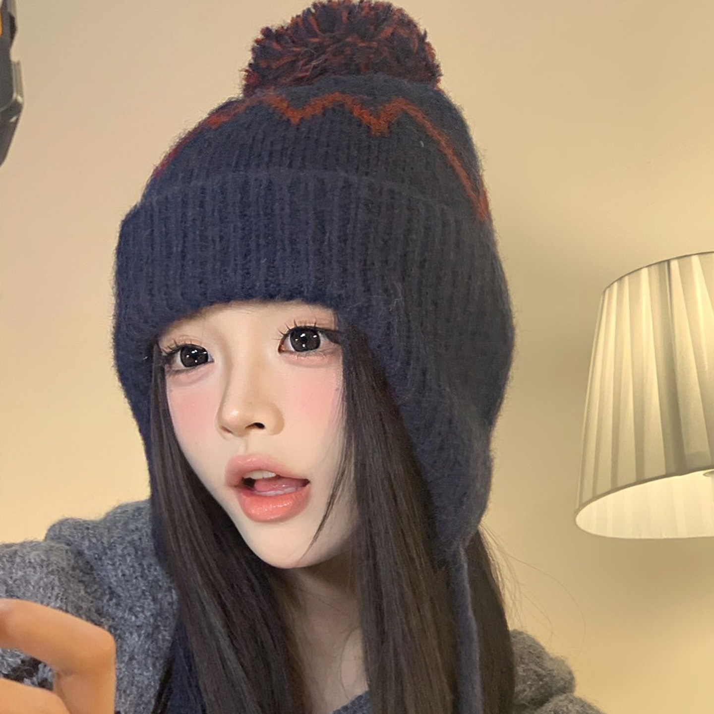 费尔岛藏青色毛球针织帽女冬复古