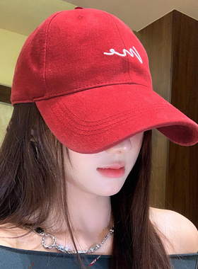 韩系字母刺绣红色棒球帽女宽帽檐大脸显脸小鸭舌帽加大加深帽子